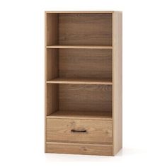 a wooden bookcase with two drawers on one side and an open drawer on the other