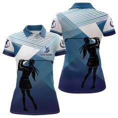 a women's polo shirt with an image of a woman holding a golf club