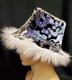 Sequin Reversible Whitefaux Fur Bucket Hat / Shag Hat / - Etsy Cheap Vintage Hats For Festivals, Winter Hats For Costume Party With Short Brim, Brimmed Top Hat For Winter Costume Party, Wide Brim Hats For Winter Costume Party, Winter Costume Party Hat With Short Brim, Wide Brim Winter Party Hat, High Crown Hats For Winter Party, Winter Party Hat With High Crown, High Crown Winter Party Hat