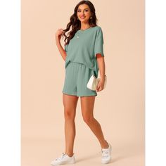 Elevate your relaxation with the Cheibear Women's Lounge Outfits, crafted for supreme comfort and effortless style. This pajama set features a casual round neck top with short sleeves and matching shorts, both designed in a chic ribbed texture and a soothing green hue.

- Material: 95% Polyester, 5% Spandex
- Color: Green
- Gender: Female
- Size: Large
- Features: Breathable, moisture-wicking, skin-friendly fabric

Ideal for lounging around the house or enjoying a peaceful night's sleep, this se Casual Solid Sleepwear For Spring, Casual Solid Pajama Shorts For Loungewear, Casual Solid Color Sleepwear Sets, Casual Solid Color Sleep Sets, Casual Green Relaxation Sets, Casual Green Sets For Relaxation, Casual Sleepwear Sets With Shorts, Comfy Summer Tops For Loungewear, Casual Short Lounging Sets