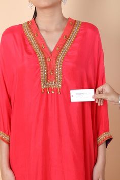 Light red kaftan style kurta with mirror, thread and sequins embroidered neckline and cuffs. Comes with pant. - Aza Fashions Bollywood Style Embellished V-neck Kurta, Bollywood Style Kaftan With Gota Work For Party, Red Embellished Straight Kurta, Red Embellished Kurta, Designer Red Kaftan For Navratri, Red Designer Kaftan For Navratri, Red Dabka Work Kaftan For Navratri, Navratri Red Kaftan With Dabka Work, Designer Red Embellished Kurta