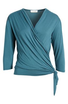 Cut from a soft, drapey jersey knit with an easy faux-wrap design, this top is an ideal choice for both casual looks or more styled up outfits. 23" length Surplice V-neck Three-quarter sleeves 95% rayon, 5% spandex Machine wash, dry flat Imported Tie Wrap Top, Tie Wrap, Dark Teal, Wrap Top, Three Quarter Sleeves, Three Quarter, Knit Jersey, Casual Looks, Nordstrom