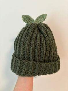 a knitted green beanie with a leaf on the top and bottom, held up by a person's hand