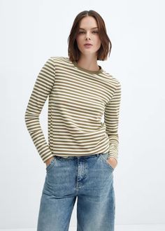 Striped long sleeves t-shirt - Women | Mango USA Striped Shirt Women, Turtleneck T Shirt, Knitted Tshirt, Striped Tee, Scarf Print, Striped Long Sleeve, Shirt Women, Striped Shirt, Neck T Shirt