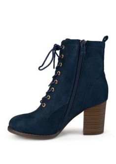 Show off a trend-setting look with heeled Granny boots by Journee Collection. Faux suede uppers rise above the ankles and highlight a front lace-up design. Chunky stacked high heels add modern style to finish the look. | Journee Collection Women's Baylor Booties, Blue, 7M White High Heel Boots, Womens Black Booties, Block Heel Ankle Boots, Heel Ankle Boots, Block Heel Boots, Lace Up Booties, Journee Collection, Lace Up Ankle Boots, Heeled Ankle Boots