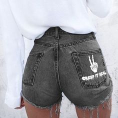 Crop Top With Shorts, Skull Hand, Print Denim, American Denim, Denim Patterns, Hot Shorts, Shorts Jeans, Printed Denim, High Fashion Street Style