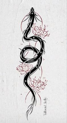 a drawing of a snake with flowers on it