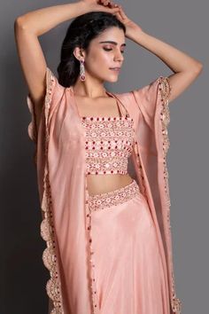 Shop for Kesar Studio Pink Bamber Silk Thread Embroidered Cape Lehenga Set for Women Online at Aza Fashions Cape Lehenga, Thread Beads, Embroidered Cape, Bias Skirt, Beaded Mirror, Cape Jacket, Scallop Trim, Pattern Embroidery, Skirt Style