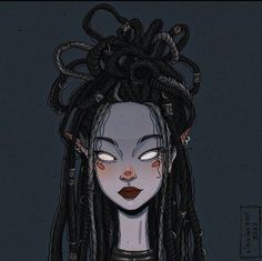 a drawing of a woman with dreadlocks on her head and eyes closed in front of a dark background