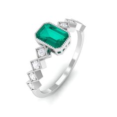 Product Details Intricate with Beaded Gold, this Emerald Engagement Ring has an absolute charm. The Octagon shape of Emerald Solitaire along with diamond Side Stones makes it an alluring piece of fine jewelry. This Solitaire Side Stone Ring will be a perfect fit your significant other. Product Information SKU SHP-RINGS082212761 Weight 1.68 gm (Approximate) EMERALD INFORMATION No.of Stones 1 Pieces Total Weight 0.66 Carat (Approximate) Dimension(approx) Emerald Cut-4X6 mm-1 Pcs Color Green Cut Br Side Stone Ring, Octagon Shape, Past Perfect, Emerald Engagement, Emerald Engagement Ring, Stone Ring, Bezel Setting, Emerald Cut, Stone Rings