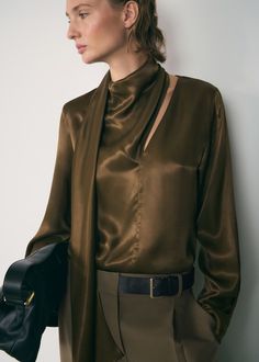 Bow satin blouse - Women | MANGO USA Bow Women, Flowy Fabric, Wrap Shirt, Satin Shirt, Satin Blouse, Green Blouse, Color Khaki, European Fashion, Neck Tie