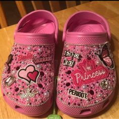 Pink Bling Designed Custom Crocs Pink With Pink, White, Black, Gold And White Pearls And Rhinestones Zeta Phi Beta Bling Crocs, Bling Out Crocs, Junk Crocs, Junk Shoes, Decorated Crocs, Girly Crocs, Crocs Bedazzled, Bedazzle Shoes, Charm Socks