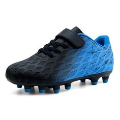 a black and blue soccer shoe with spikes on the bottom, in front of a white background