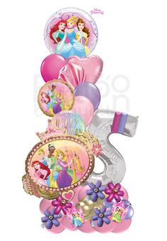 the number five balloon bouquet with princesses and balloons