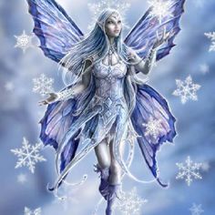 a fairy with blue wings and snowflakes on her body is standing in the air