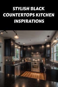 Stylish black kitchen with countertops and modern appliances. Kitchen Remodel Black Countertops, Kitchen Dark Countertops, Black Countertops Kitchen, Kitchen Cabinet Color Schemes, Black Kitchen Design, Countertops Ideas, Modern Black Kitchen, Kitchen Dark