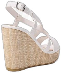 White Wedge Sandals With Heel Strap For Summer, White Open Heel Wedge Sandals For Spring, Synthetic Strappy Open Toe Sandals, Summer Synthetic Wedge Sandals With 4-inch Heel, White Wedge Sandals With Heel Strap For Spring, White Strap Sandals For Vacation, White Strappy Heels For Vacation, White Synthetic High Heel Wedge Sandals, Elegant Strappy Wedge Sandals For Summer