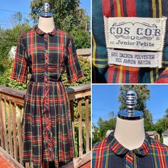 This listing is for a darling vintage mid century plaid poly/rayon blend shirt dress by Cos Cob (Junior Petite). Such a sweet little vintage dress featuring an adorable shirt style upper with a Peter Pan collar, plastic buttons down the front & a hook and eye clasp at the waist. This dress features a full skirt that can be accentuated by using a crinoline slip if desired. A perfect vintage fall dress! This vintage dress is in good vintage condition, showing some light signs of general wear. Ther Vintage Plaid Short Sleeve Dress, Fitted Vintage Plaid Dress, Retro Plaid Mini Dress, Vintage Plaid Dress With Buttons, Fitted Plaid Vintage Dress, Fitted Vintage Plaid Dress With Buttons, Retro Short Sleeve Plaid Dress, Vintage Cotton Plaid Dress, Plaid Cotton Vintage Dress