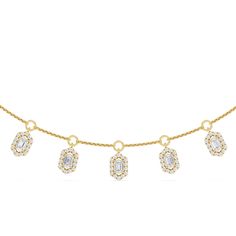 Consider this diamond station necklace an endlessly versatile accessory. It boasts a simple silhouette suitable for daily wear while having the extra flair and sparkle from diamonds. The necklace chain comes adorned with a series of step-cut diamonds set at evenly-spaced "stations" along the length that sits near the collar bone. Each step-cut diamond is held by a six-sided frame of petite round diamonds. This exquisite necklace features five rows adorned with an impressive array of diamonds in Delicate Diamond Necklace, Collar Bone, Gorgeous Engagement Ring, Simple Silhouette, Step Cut, Station Necklace, Necklace Chain, Lab Diamonds, Diamond Earrings Studs