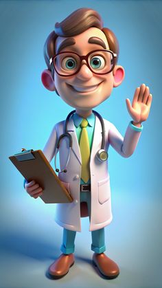 a cartoon doctor is holding a clipboard and waving