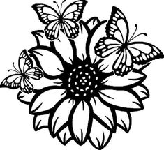 a black and white drawing of flowers with butterflies on it's petals in the center