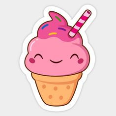 an ice cream sticker with a pink cone on it's face and a candy bar sticking out of the top