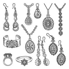 an assortment of jewelry items in black and white