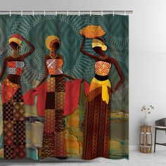 two african women shower curtain set with decorative artwork on the wall and in front of them is a chair