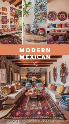 the interior of a mexican style home with colorful pottery and rugs on the floor