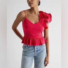 New With Tags Gorgeous Paired With White Pants Or White Skirt. Chic Red Peplum Top, Red Fitted Peplum Top, Fitted Red Peplum Top, Red Peplum Tops For Spring, Red Peplum Tops For Summer, Silk Cami Top, Vintage Cami, Pink Floral Top, Silk Cami