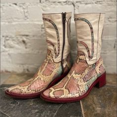 Italian Brand Rocco P Genuine Leather And Python Western Cowboy Boot. These Are Absolutely Stunning With Pastel Colors Of Pink And Blue On A Cream Background, With A Cherry Red Leather Interior That Is In Excellent Condition. These Unique And One Of A Kind Boots Are In Beautiful Shape With Just Some Slight Wear To The Snake Scales As Shown In Photo. These High Quality (Look At That Gorgeous Hand Stitched Leather And Sole!) Are Believed To Be 80s Or 90s. Size 37 Euro Snake Pink, Snakeskin Cowboy Boots, Snake Scales, The Snake, Cowboy Boot, Western Cowboy Boots, Stitching Leather, Cherry Red, Western Cowboy