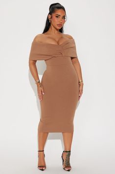 Buy Emmabella Off Shoulder Midi Dress in Mocha from Fashion Nova. These Dresses are available in most sizes. Receive free US shipping on orders over $75. Midi Dress Off Shoulder, Off Shoulder Midi Dress, Dress Off Shoulder, Mocha, Fashion Nova, Off Shoulder, Dress Outfits, Midi Dress, Short Sleeves