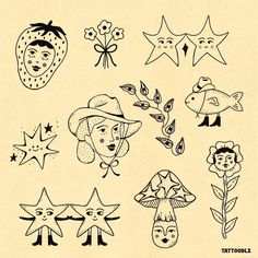 an old fashioned drawing of various cartoon faces