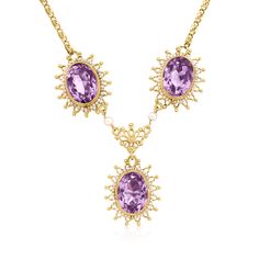 Ross-Simons - C. 1970 Vintage 22.65ct t. w. Amethyst, Seed Pearl Drop Necklace. 16". C. 1970. Exuding a royal presence with sumptuous gemstones and an intricately crafted design, this Estate collection necklace is sure to hold a special place in your repertoire. At the focal point of the neckline, three scintillating 22.65 ct. t. w. oval amethysts presented inside shiny seed pearl halos and fanciful openwork frames of polished 14kt yellow gold form a statement-making drop, suspended from a fancy Formal Purple Gemstone Necklace, Formal Fine Jewelry Amethyst Necklaces, Formal Fine Jewelry Amethyst Necklace, Formal Amethyst Necklace In Fine Jewelry Style, Fine Jewelry Gemstone Necklace Collectible, Collectible Fine Jewelry Necklaces With Gemstones, Formal Hallmarked Amethyst Necklace, Fine Jewelry Oval Necklace For Collectors, Classic Hallmarked Amethyst Necklace