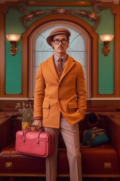 a man in an orange jacket and hat holding a pink suitcase