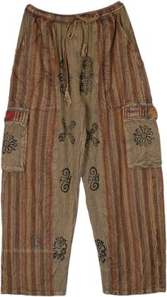 These casual stonewashed pants are the perfect match to show your boho and hippie fun side! They make for a comfy partner with a drawstring elastic waist elastic ankle cuff and side and box pockets. The excursion pants encompass stripes and hippie motifs and have a earthy brown color. #tlb #SplitSkirtsPants #Stonewash #Pocket #Yoga #vacationclothing #bohemianfashion #CottonHippiePants Hippie Style Brown Bottoms For Festival, Brown Hippie Bottoms For Festival, Hippie Style Brown Festival Bottoms, Casual Brown Bottoms For Festival, Brown Casual Pants For Festivals, Casual Brown Pants For Festival, Bohemian Brown Pants With Pockets, Brown Bohemian Pants For Festival, Bohemian Brown Pants For Festival