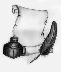 a pen, inkwell and feather on a white paper with the word written below it