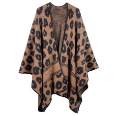 Women's Brown and Black Leopard Print Open Front Knit Kimono Cardigan Sweater Shawl Featuring Thick Knit Edging. One Size. 31.5" x 43.3". Soft Knit Fleece-Like Material. 100% Polyester. Brown Knitted Acrylic Outerwear, Warm Brown Cardigan For Cold Weather, Cozy One Size Shawl For Fall, Brown Knitted Acrylic Cardigan, Winter Knit Shawl One Size, Cozy Black Acrylic Outerwear, Knitted Brown Acrylic Cardigan, Warm Oversized Black Sweater, Black Knitted Shawl For Winter