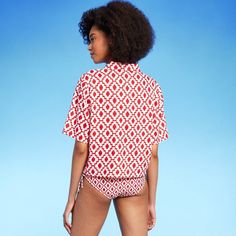 Whether you're heading out for a swim or returning from the beach, keep yourself comfortably covered with the Cropped Button-Up Short-Sleeve Cover-Up Top from Shade & Shore™. Designed in a cropped length, this short-sleeve cover-up top is made with soft, breathable linen blend fabric for comfortable wear. It features a printed pattern, making it fun to mix and match with a variety of swimsuits, and you'll love the ease of dressing offered by the front buttons. Red Short Sleeve Swimwear, Red Short Sleeve Swimwear For Beach, Red Short Sleeve Swimwear For The Beach, Red Beachwear Tops For Poolside, Red Button-up Summer Top, Red Button-up Top For Summer, Red Casual Cover-up For Vacation, Casual Red Cover-up For Vacation, Red Summer Tops For Poolside