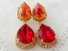 Deep red and Orange pink Swarovski Chandelier earrings, Bridal earrings, Dangle earrings, Orange Red Red Chandelier Earrings As Gift, Ruby Chandelier Earrings For Wedding, Red Chandelier Drop Earrings For Wedding, Red Ruby Dangle Chandelier Earrings, Elegant Orange Chandelier Earrings For Gift, Elegant Orange Chandelier Earrings Gift, Red Teardrop Chandelier Earrings For Wedding, Red Teardrop Chandelier Earrings As Gift, Red Drop Crystal Earrings As Gift