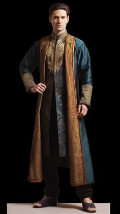 Medieval Indian Clothing, Medieval Wizard, Motif Soutache, Medieval Man, Middle Eastern Clothing, Wizard Costume, Masc Fashion, Gold Work Embroidery, Medieval Clothing