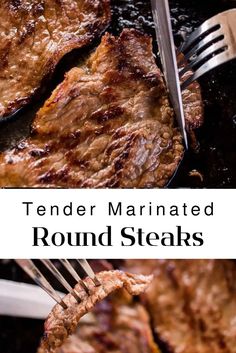 Juicy seared bottom round in cast iron skillet. Tender sliced with melted butter baste. Round Steak Marinade, Tenderized Round Steak