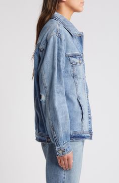 Tap into the oversized trend with this roomy denim jacket featuring eye-catching distressing for rugged character. Front button closure Spread collar Chest button-flap patch pockets Unlined 100% cotton Machine wash, tumble dry Imported Oversized Light Wash Ripped Denim Jacket, Oversized Denim Blue Jacket With Frayed Hem, Oversized Ripped Denim Jacket, Oversized Distressed Denim Jacket In Medium Wash, Oversized Denim Jacket With Frayed Hem For Streetwear, Oversized Medium Wash Ripped Outerwear, Oversized Ripped Light Wash Outerwear, Oversized Distressed Denim Jacket, Oversize Denim Jacket