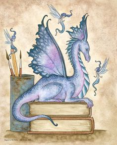 a blue dragon sitting on top of a pile of books with pencils in it