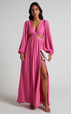 Paige Maxi Dress - Side Cut Out Balloon Sleeve Dress in Pink Balloon Sleeve Dress, On The Dance Floor, Pink Metallic, Side Cuts, Maxi Dress With Sleeves, Shop Maxi Dresses, Dress Cuts, Balloon Sleeves, Black Maxi Dress