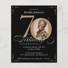 an elegant 70th birthday party card with the number seventy on it's black and gold frame