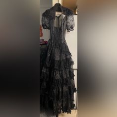 Nwt Sold Out!! $148 Retail Size Xs Dress & Collar Included Organza Maxi Dress That Has A Sheer Construction With A Lace Collar, Square Neckline, Puff Sleeves, Decorative Buttons Down The Front, Layered Ruffle Skirt, And A Zipper Closure At The Back Elegant Lace Halloween Dress, Fitted Short Sleeve Gothic Dress, Gothic Fitted Dress With Short Sleeves, Gothic Short Sleeve Fitted Dress, Gothic Lace Dress For Formal Occasions, Gothic Lace Formal Dress, Elegant Halloween Dress With Attached Cancan, Formal Gothic Lace Dress, Elegant Fitted Dresses For Halloween