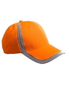 an orange baseball cap with grey stripes on the side