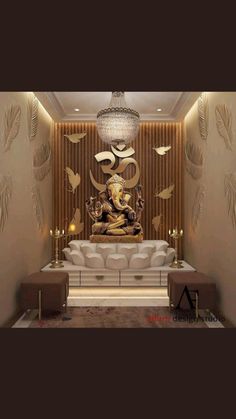 a buddha statue sitting on top of a white couch next to a chandelier