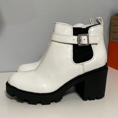 Never Worn Before But There Are A Few Scuffs From Moving Them Around Without A Box. See Photos, Can Probably Be Buffed Out. Casual White Block Heel Shoes, White Casual Heels Medium Width, Casual White Heels Medium Width, Trendy White Boots With Block Heel, Trendy White Heels For Fall, Casual White Heels With Buckle Closure, Casual White Ankle Boot Heels, White Boots With Block Heel And Medium Width, White Block Heel Shoes For Fall